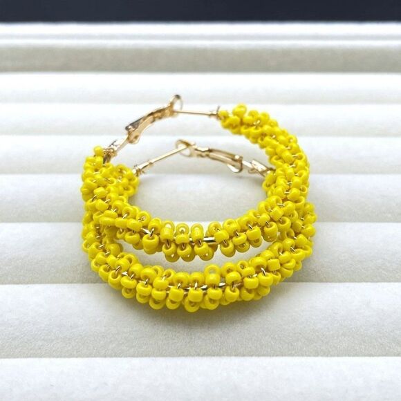 Yellow Gold Wire Wrapped Yellow Beaded Open Round Hinged Post Hoop Earrings - Picture 6 of 9
